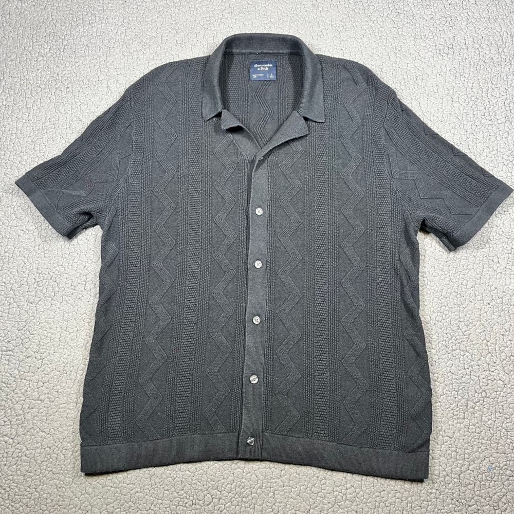 Abercrombie & Fitch Button Up Men L Knit Zig Zag Textured Black Retro Boho